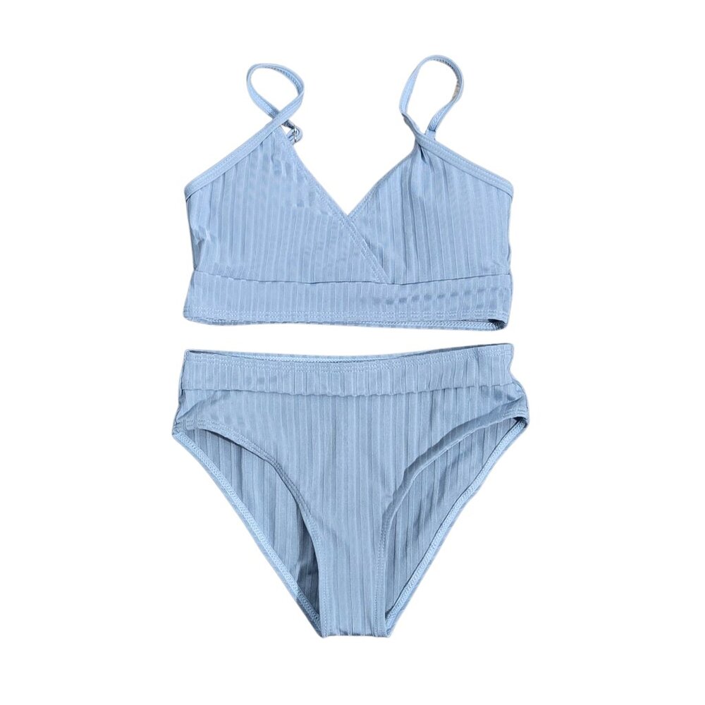 NWOT | Girls Blue Ribbed V-Neck Wrap Top & High Waisted Bikini Set | Size 4
